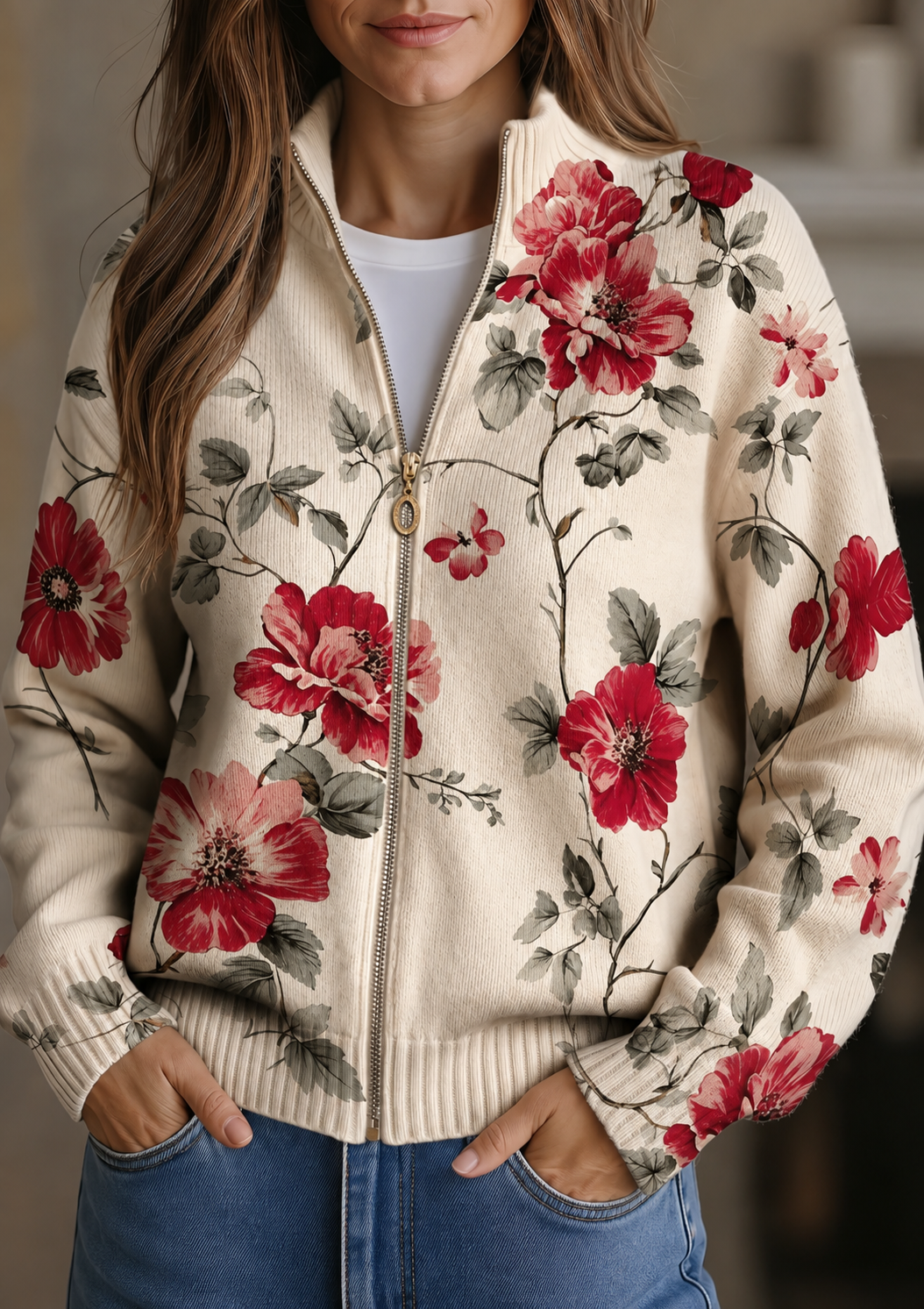 Penelope - retro rose print zip up cardigan — view 1