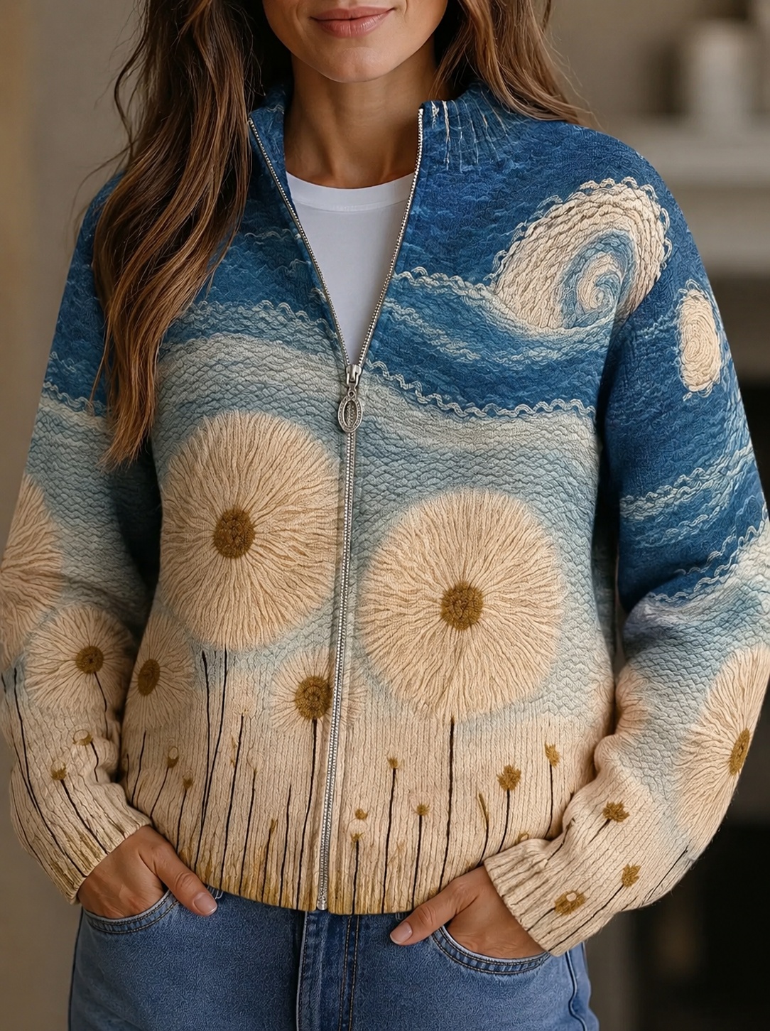 Quinn - Dandelion Meadow Quilted Zip Up Cardigan — view 1