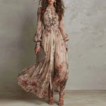 Robin - Retro Floral High Waist Pleated Long Dress — view 1