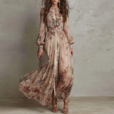 Robin - Retro Floral High Waist Pleated Long Dress — view 1