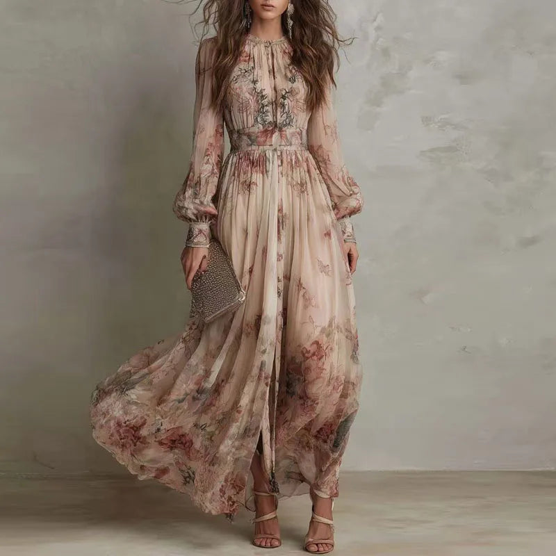 Robin - Retro Floral High Waist Pleated Long Dress — view 1