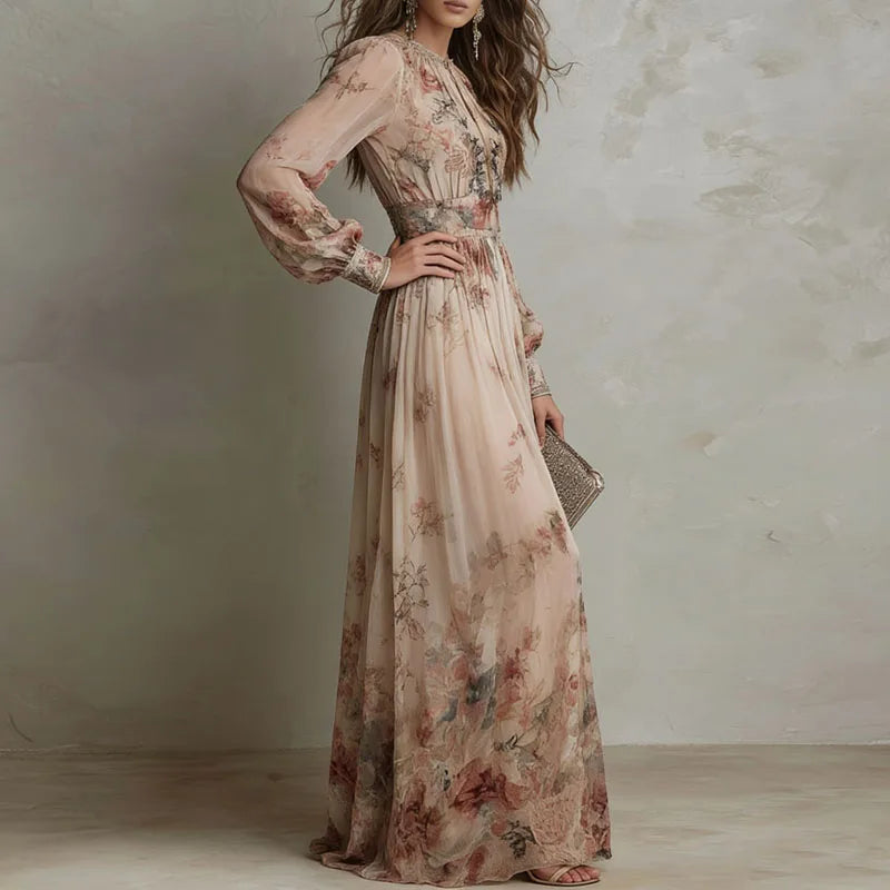Robin - Retro Floral High Waist Pleated Long Dress — view 5