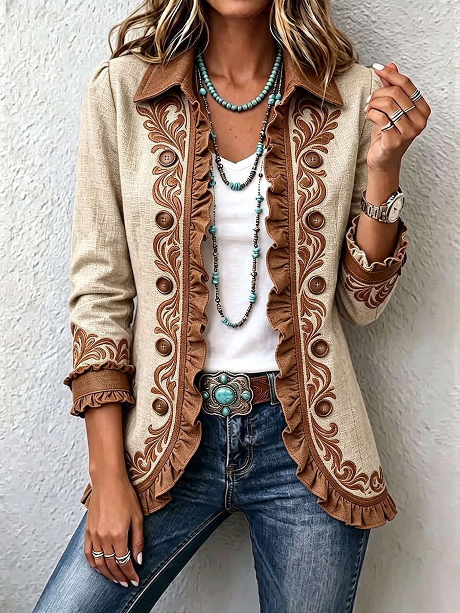Scarlett - Retro bohemian floral ruffle jacket — view 1