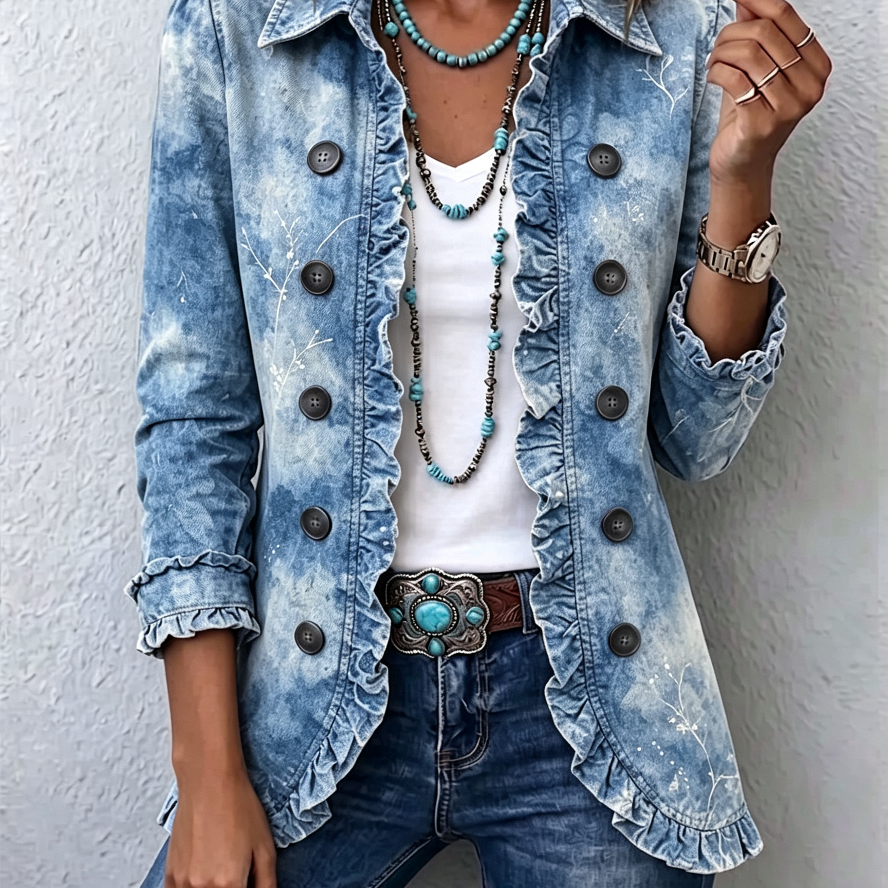 Sofia - boho gradient retro botanical print frill detail coat — view 1
