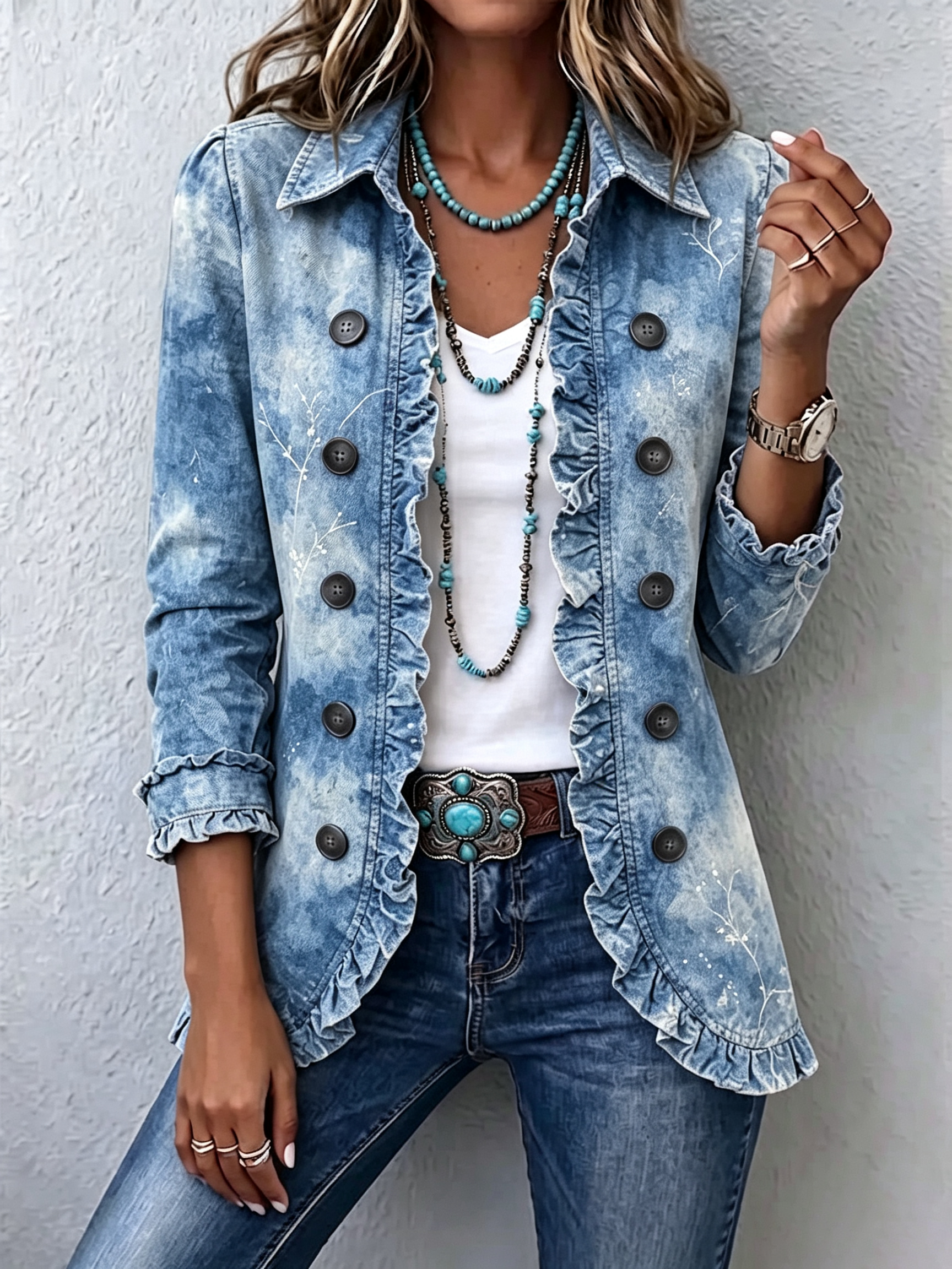 Sofia - boho gradient retro botanical print frill detail coat — view 1