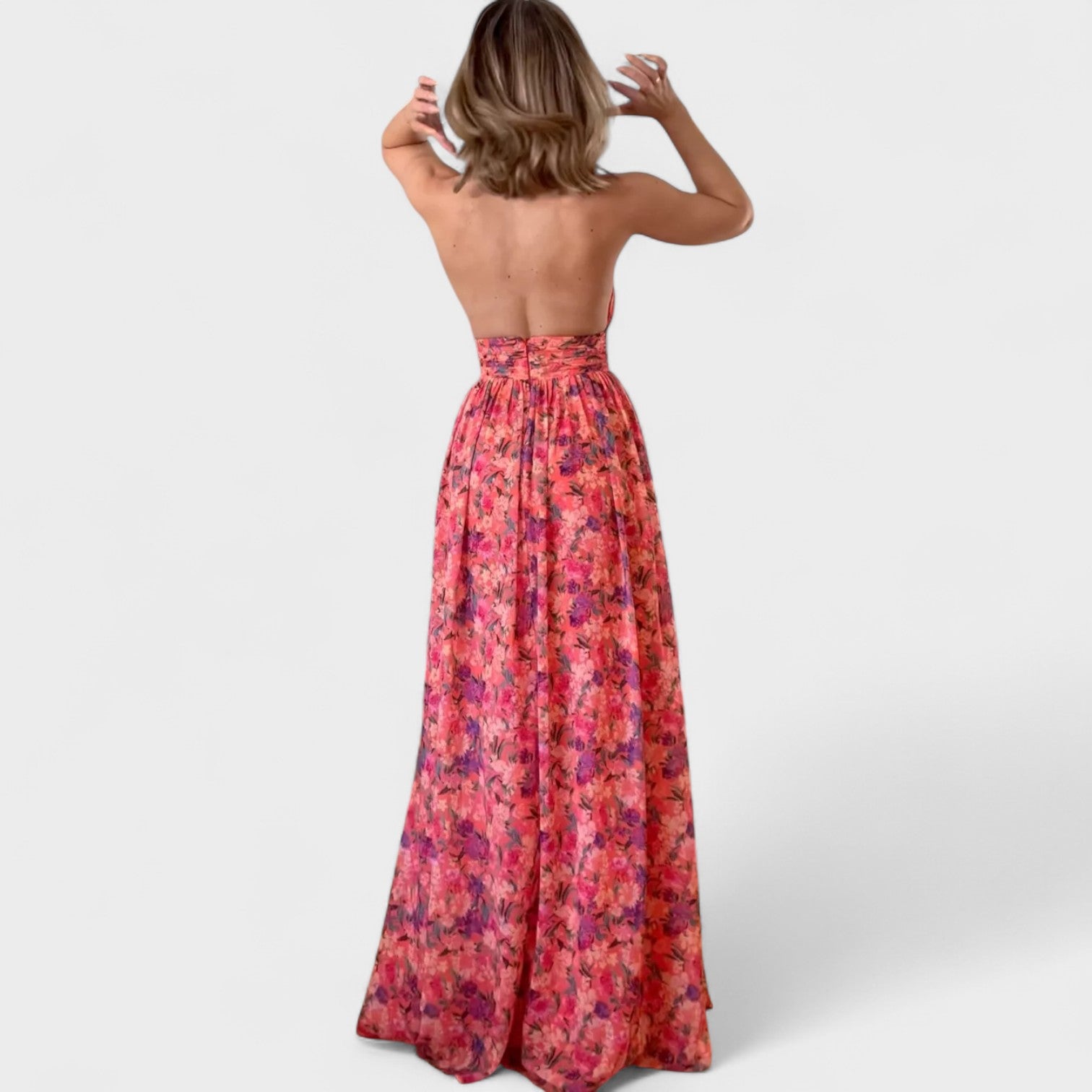 Stella - long floral print dress with neck strap — view 2