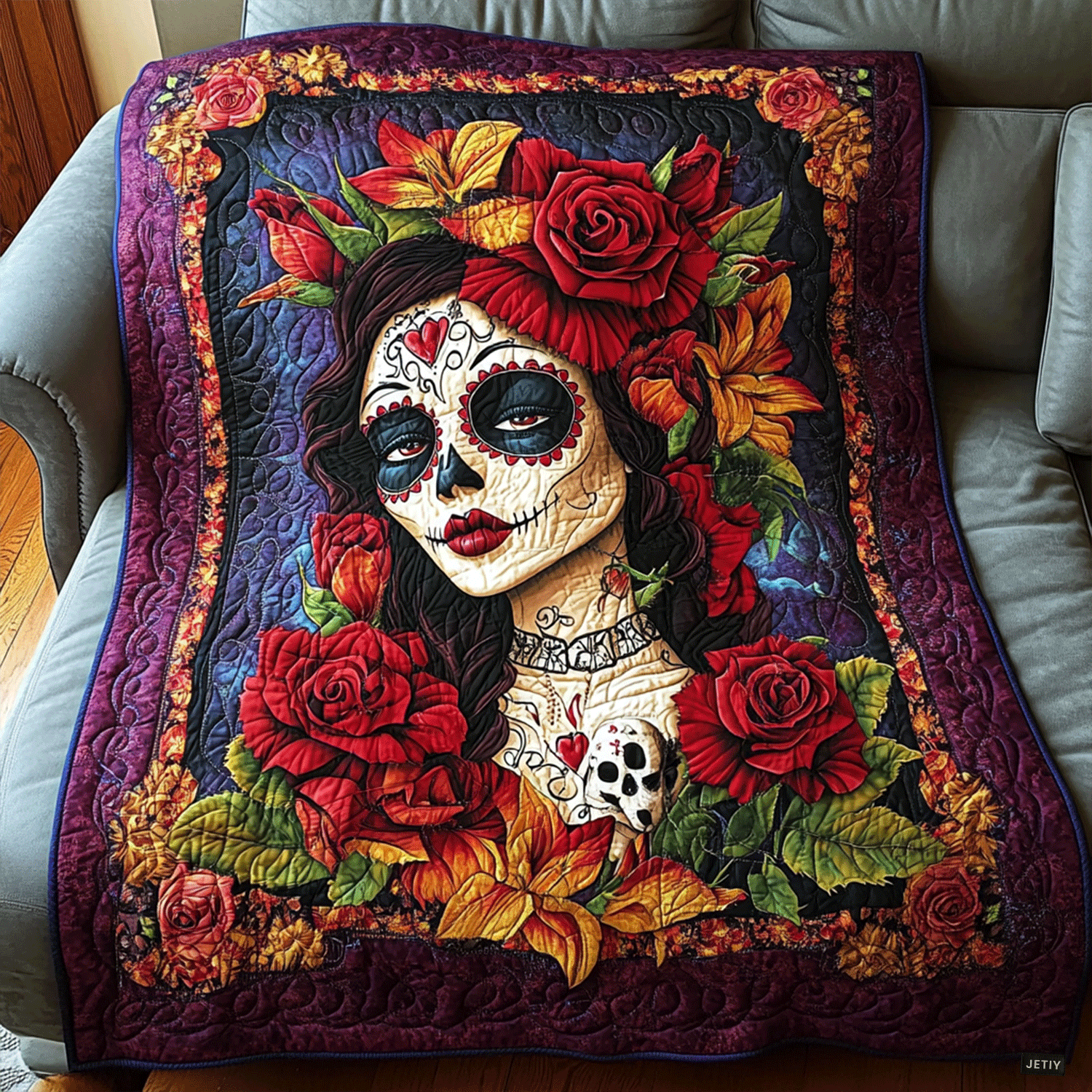 Quilted Bedspread - Mystic Floral Skull — view 1
