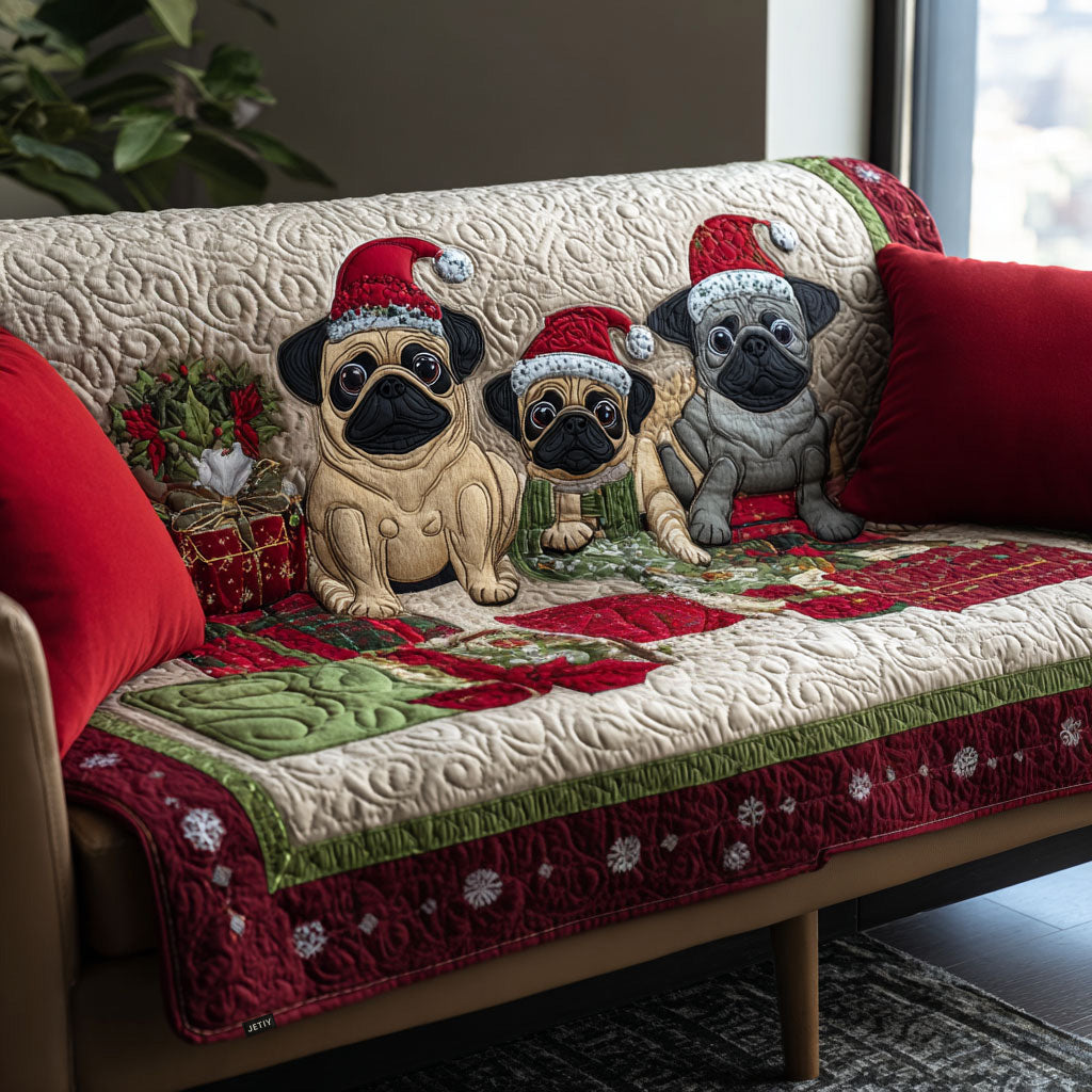 Quilted Sofa Cover - Festive Pug Trio — view 1
