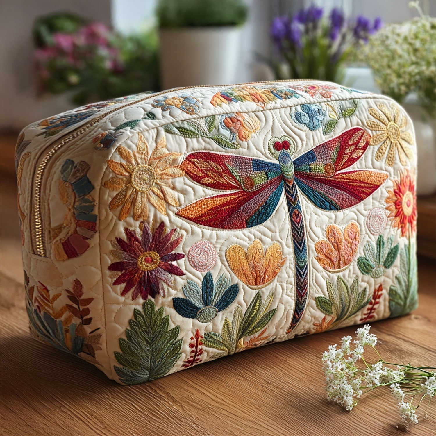 Quilted Cosmetic Bag - Light Blue Dragonfly — view 1