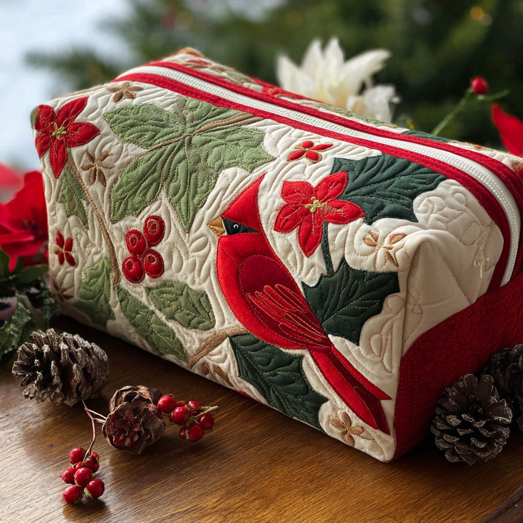Quilted cosmetic bag - Cardinal finch and holly — view 1