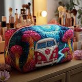 Quilted cosmetic bag - Minibus and colourful mushrooms — view 1