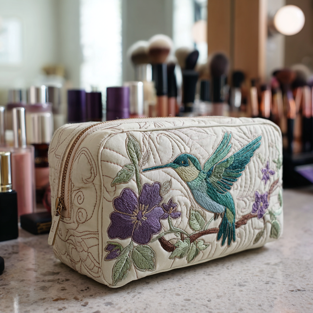 Quilted cosmetic bag - Hummingbird and flowers — view 1
