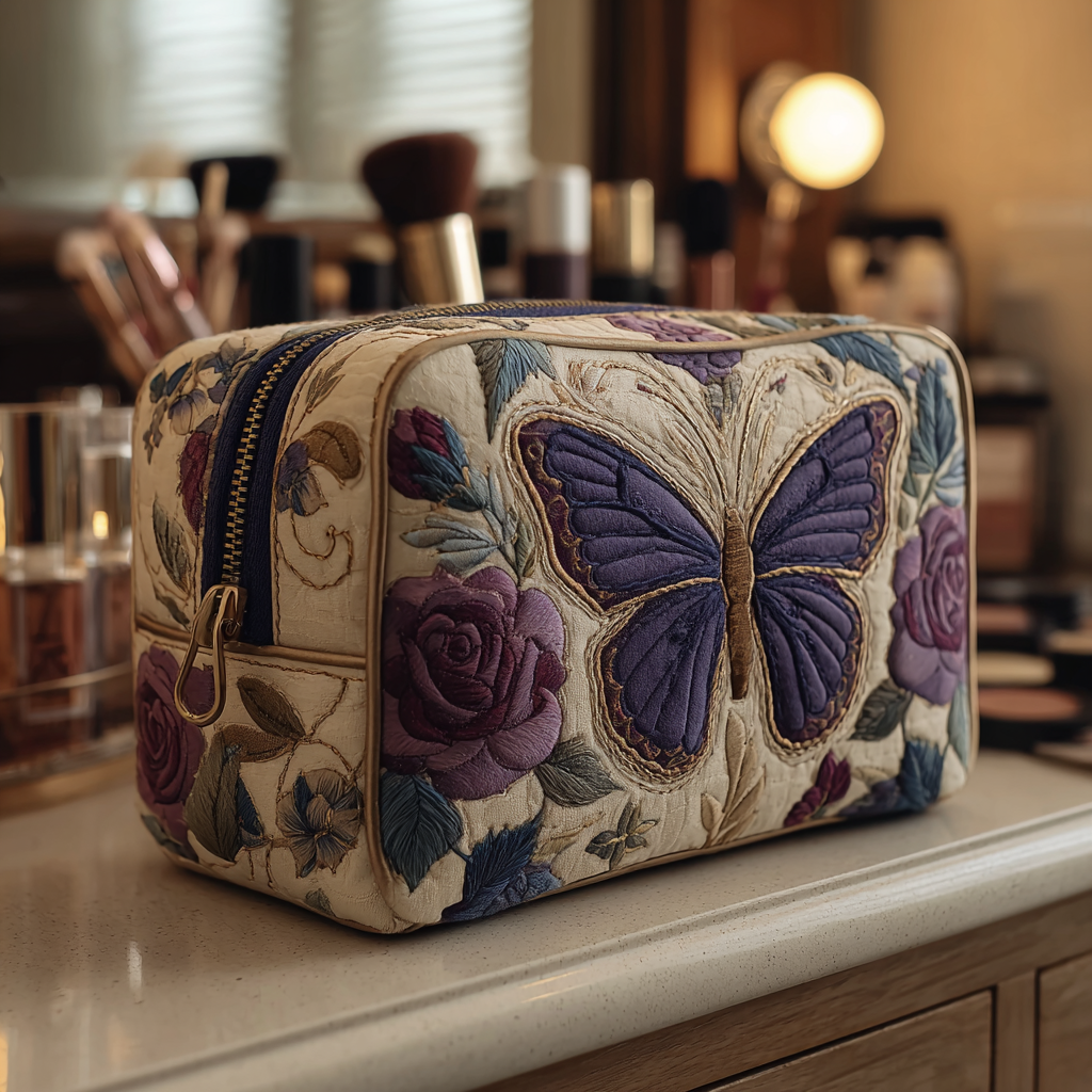 Quilted cosmetic bag - Butterfly and flowers — view 1