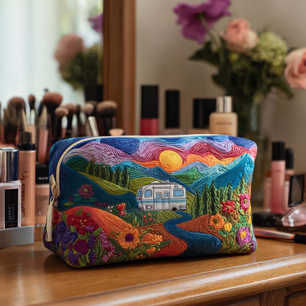 Quilted Cosmetic Bag - Retro Travel Pattern — view 1