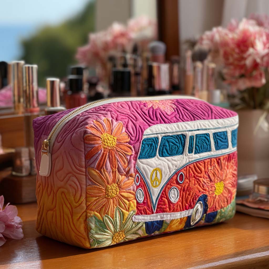 Quilted Cosmetic Bag - Retro Travel Pattern — view 1