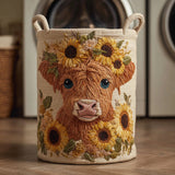 Quilted Laundry Basket - Highland Cow and Flowers — view 1