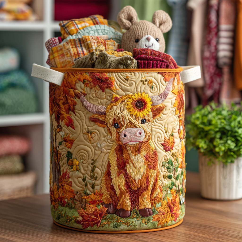 Quilted Laundry Basket - Highland Cow and Flowers — view 1