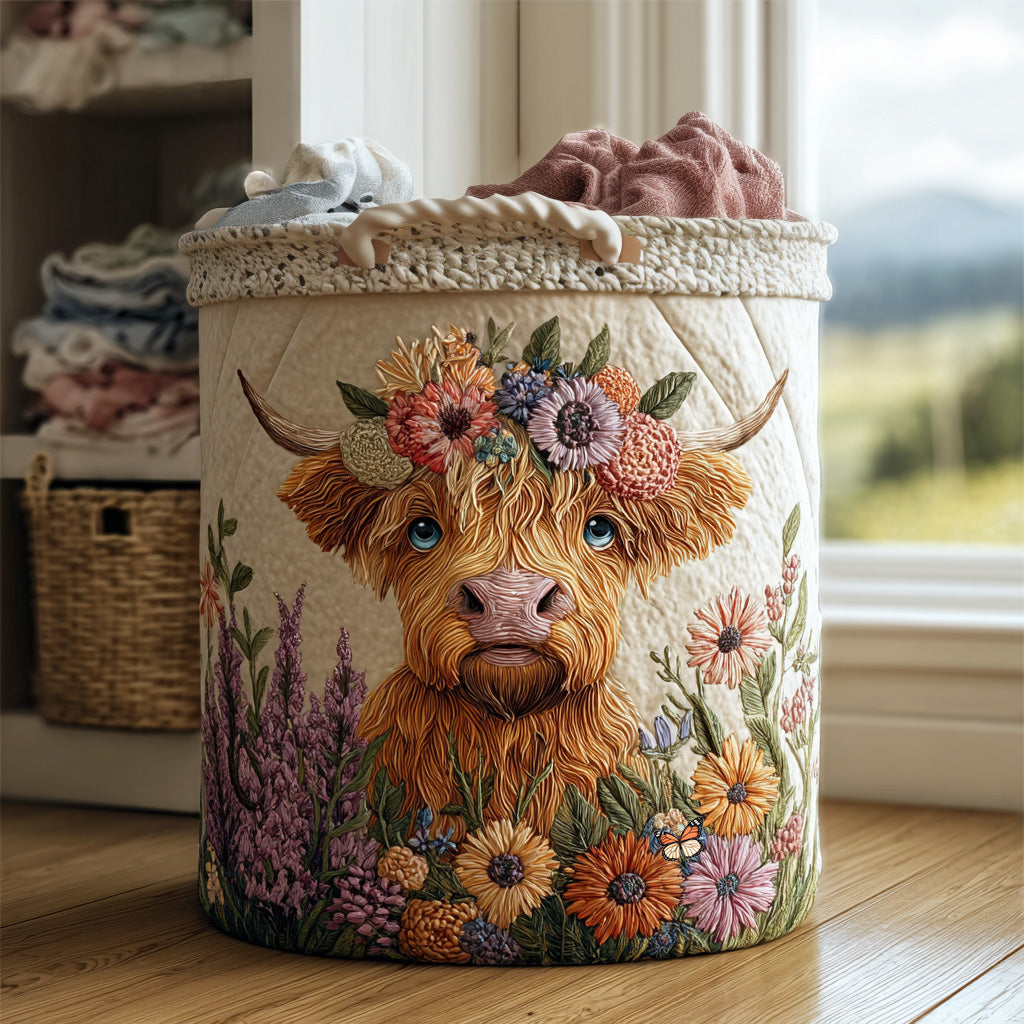 Quilted Laundry Basket - Highland Cow and Flowers — view 1