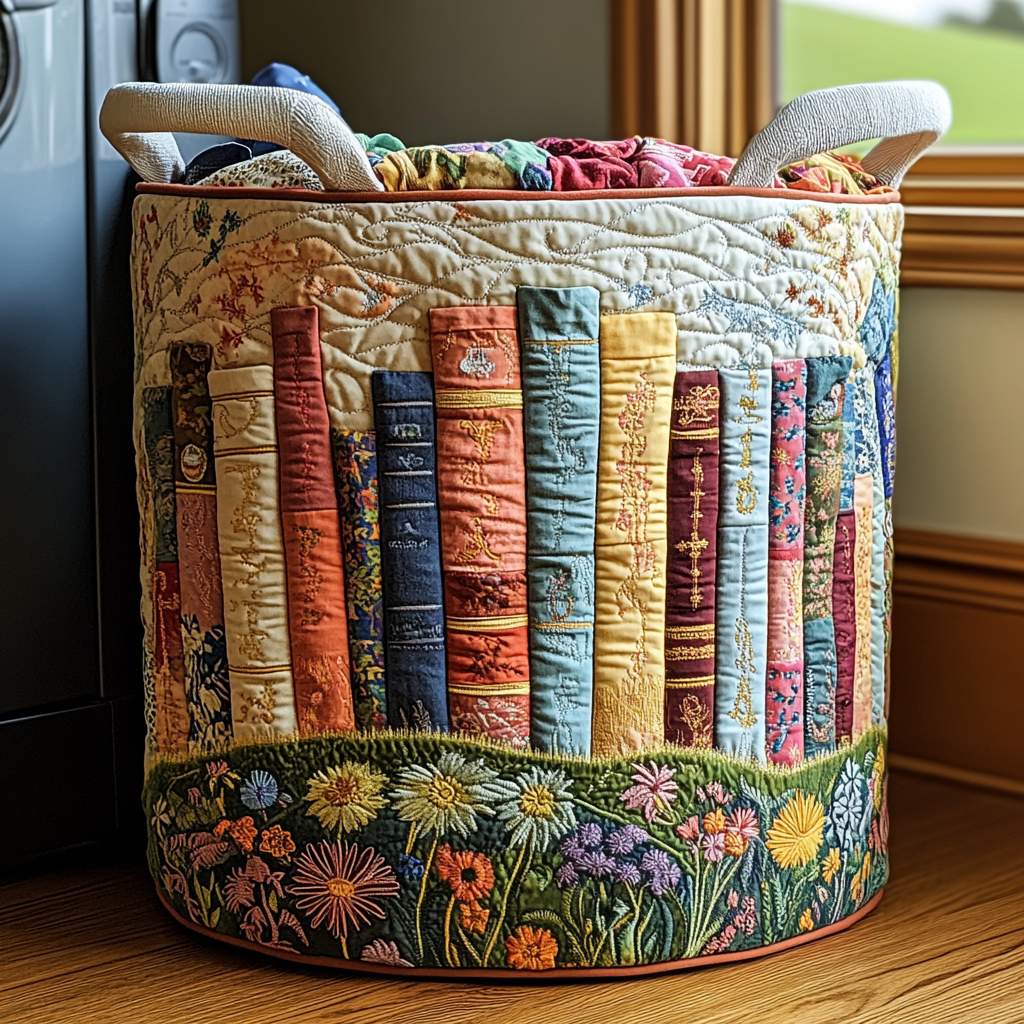 Quilted laundry basket - Books and flowers — view 1