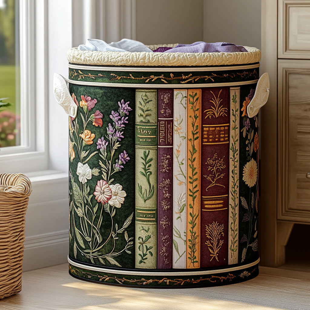 Quilted laundry basket - Books and a blooming garden — view 1
