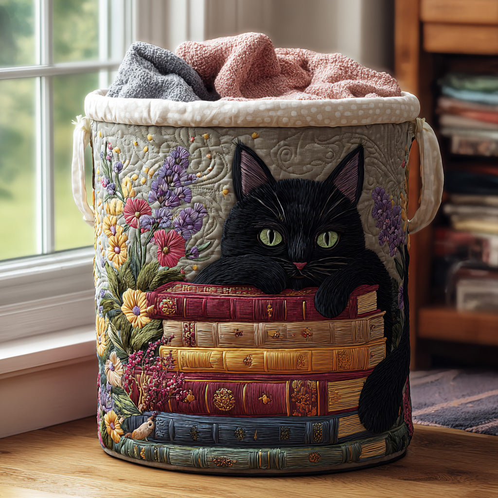 Quilted laundry basket - Cat and books — view 1