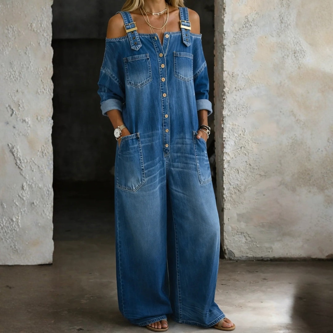 Valerie - off-the-shoulder denim overalls — view 1