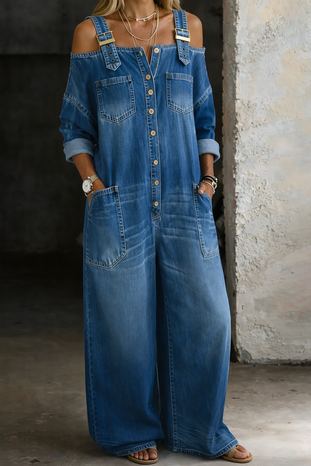 Valerie - off-the-shoulder denim overalls — view 2