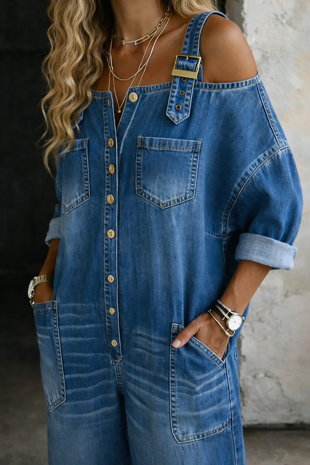 Valerie - off-the-shoulder denim overalls — view 4