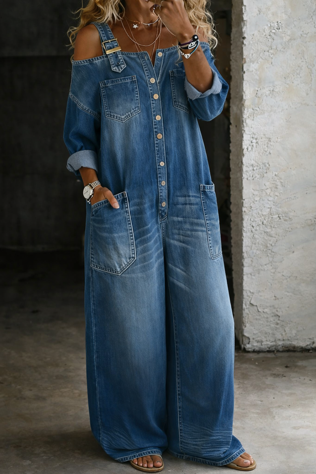 Valerie - off-the-shoulder denim overalls — view 5