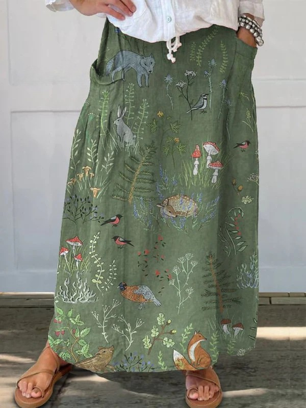 Linen skirt with pockets, forest animal pattern — view 2