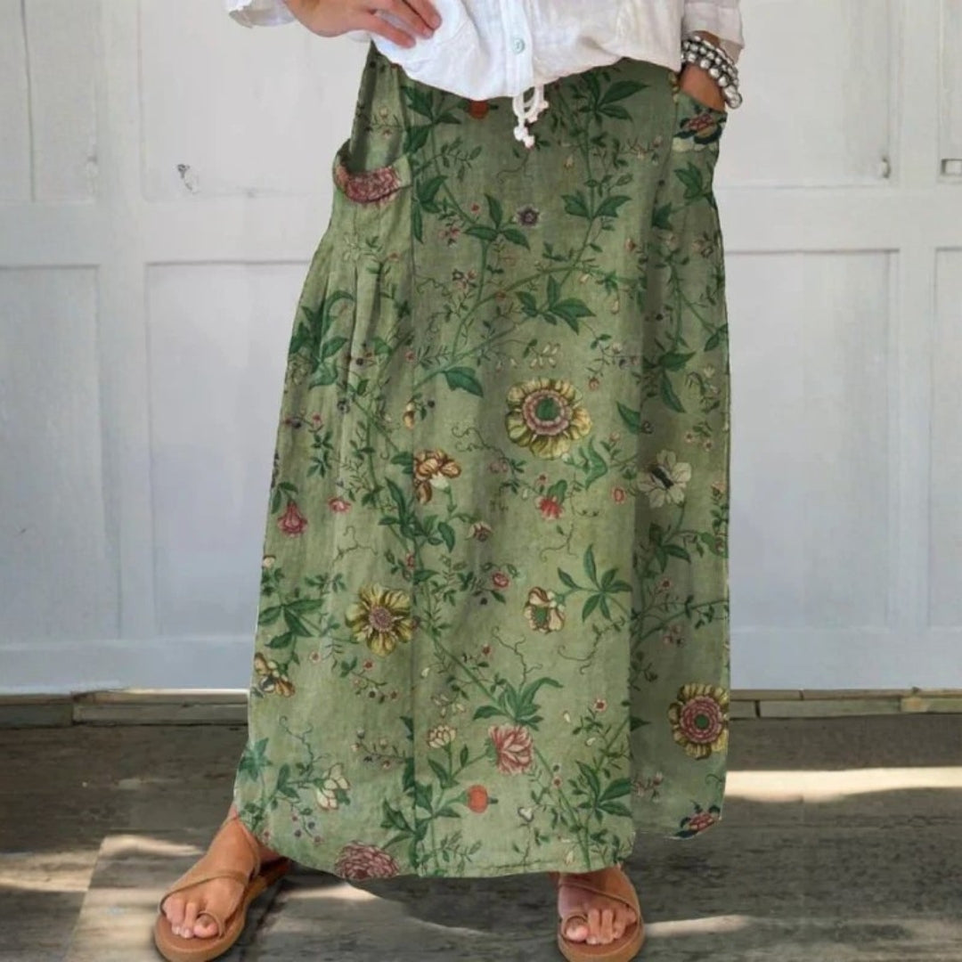 Linen skirt with pockets and retro artistic pattern — view 1