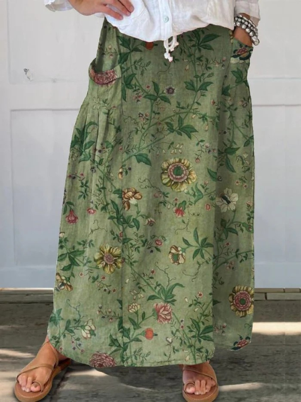 Linen skirt with pockets and retro artistic pattern — view 2