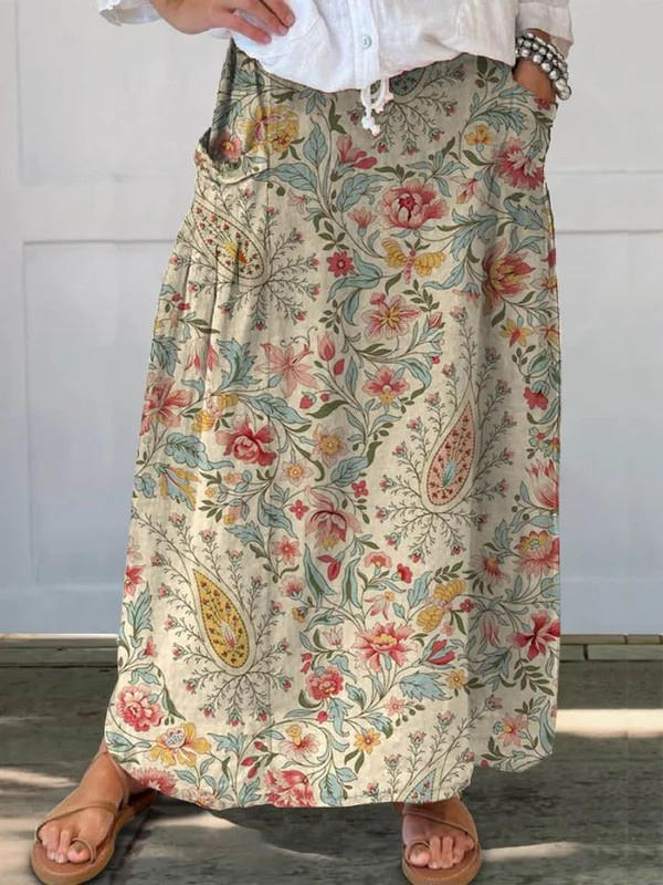 Linen skirt with pockets, artistic floral pattern — view 2
