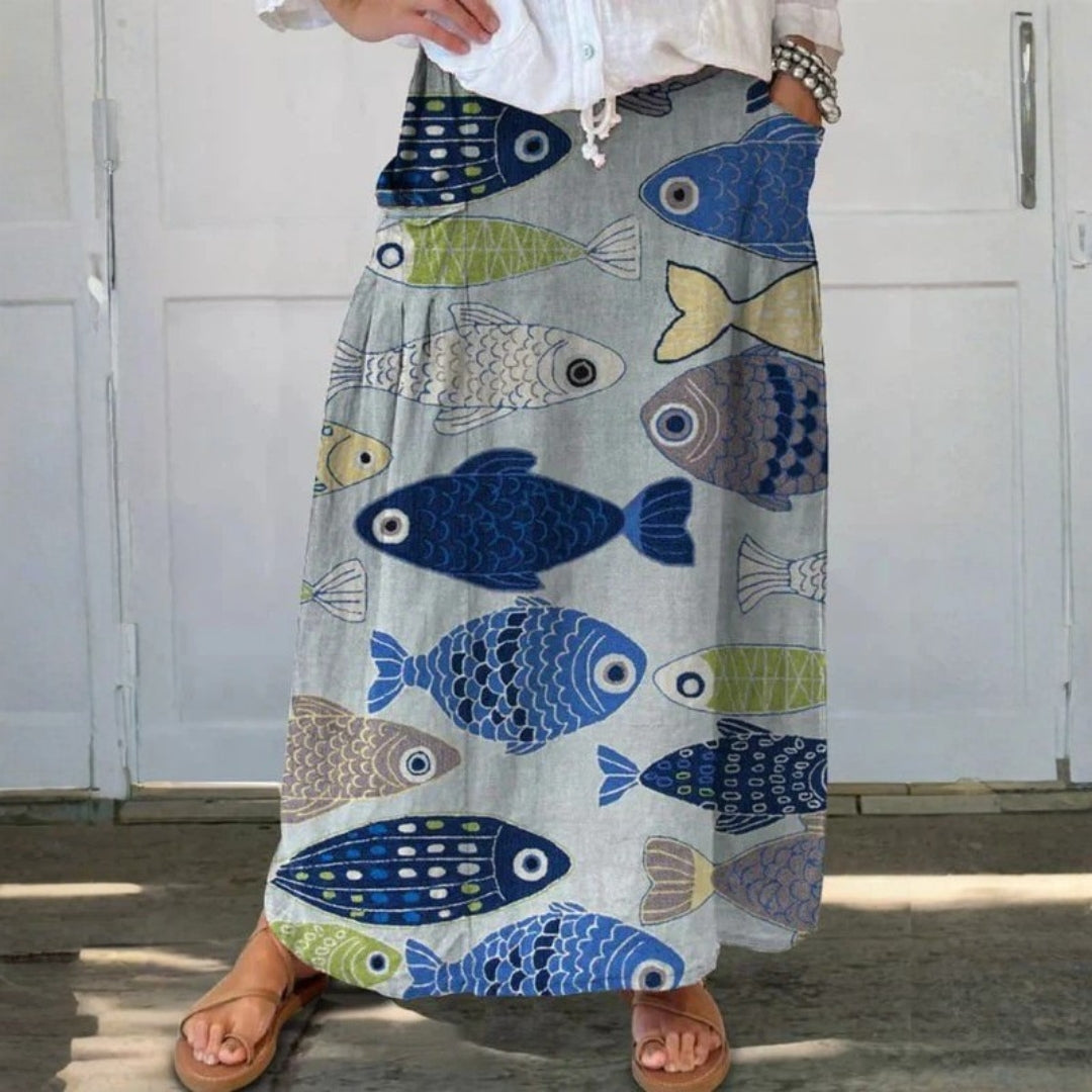 Canvas skirt with pockets, retro fish pattern — view 1