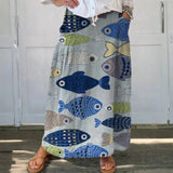 Canvas skirt with pockets, retro fish pattern — view 1