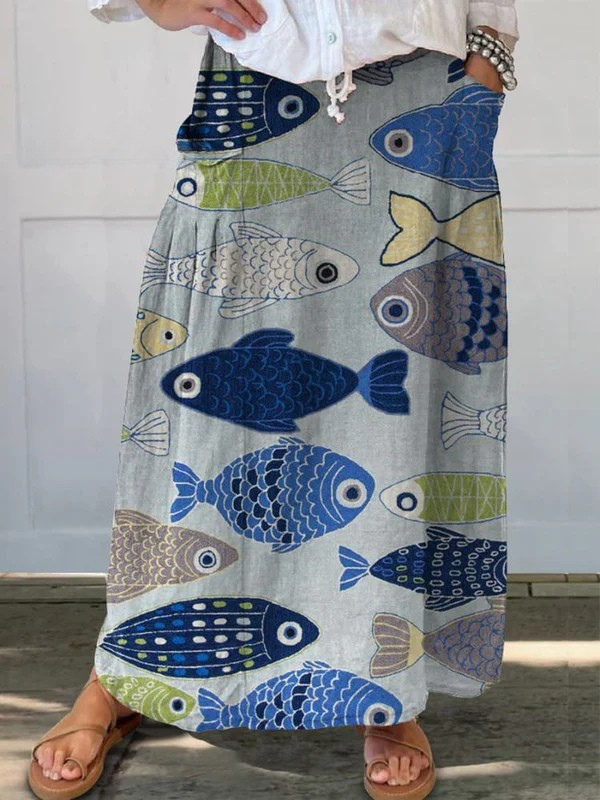 Canvas skirt with pockets, retro fish pattern — view 2