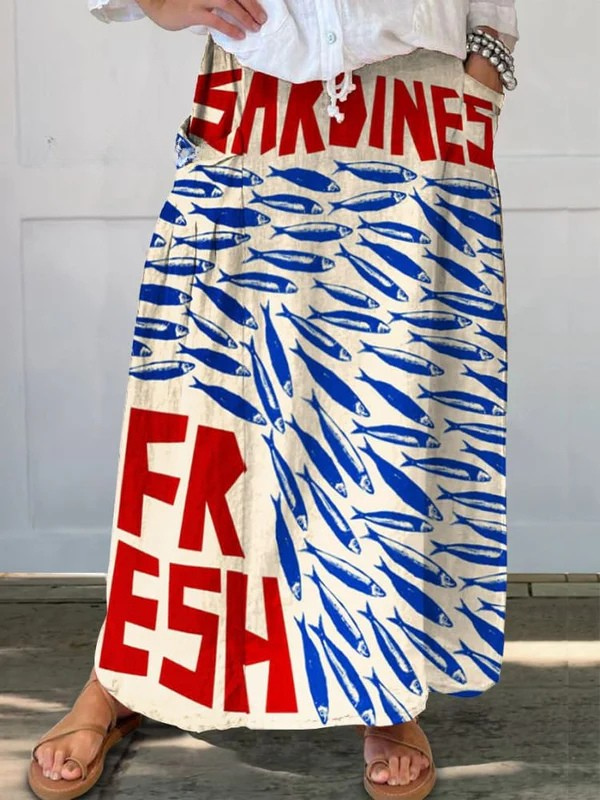 Canvas skirt with pockets, retro sardine pattern — view 2