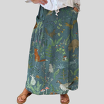 Linen skirt with pockets, retro floral and animal print — view 1
