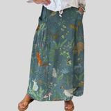 Linen skirt with pockets, retro floral and animal print — view 1