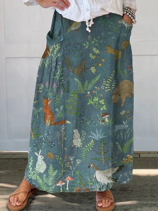 Linen skirt with pockets, retro floral and animal print — view 2