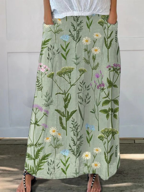 Linen skirt with pockets, spring field pattern — view 2