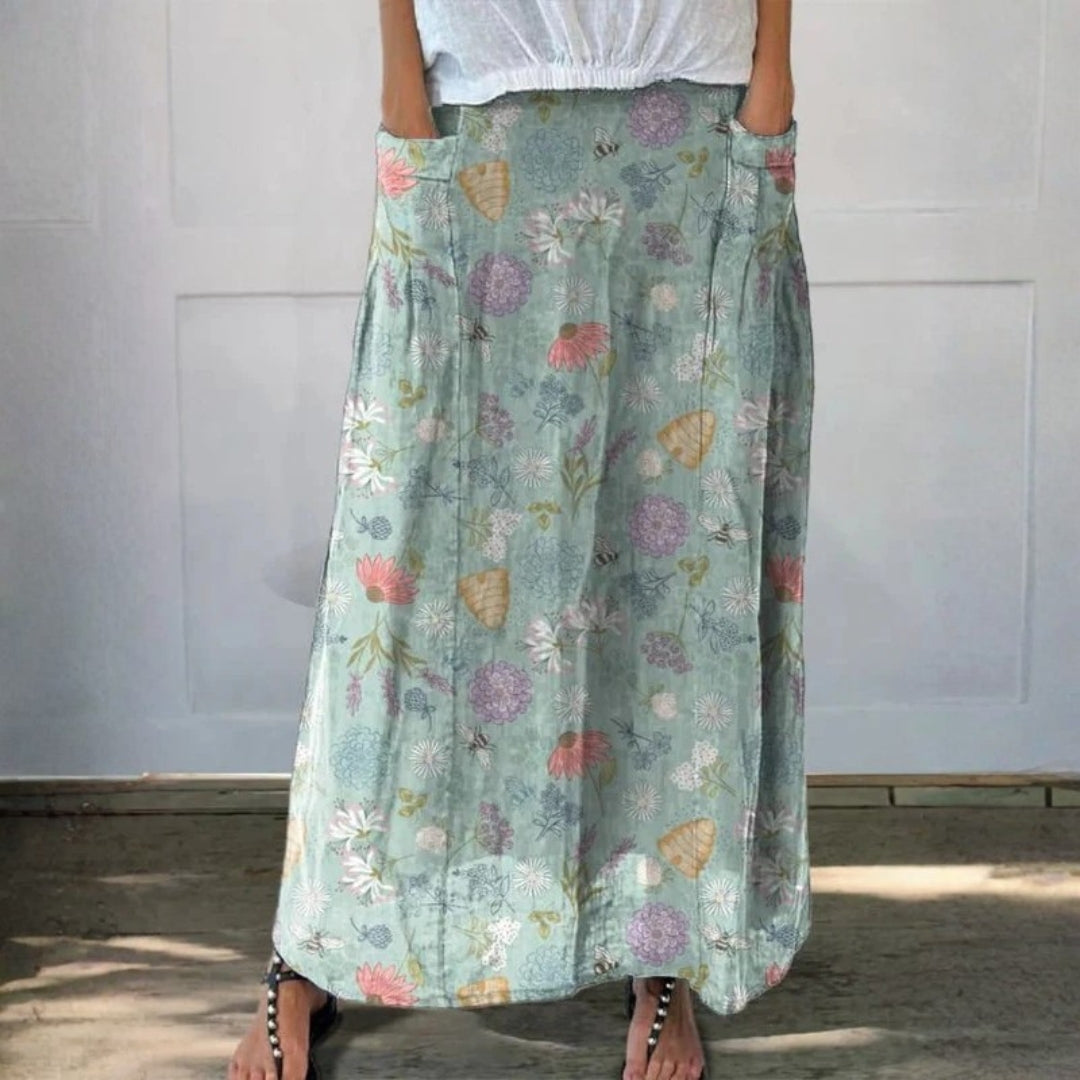 Linen skirt with pockets, spring flower and bumble bee pattern — view 1