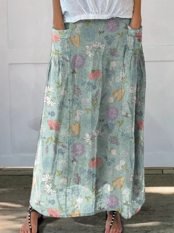 Linen skirt with pockets, spring flower and bumble bee pattern — view 2