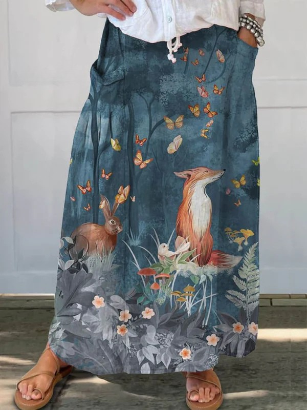 Linen skirt with pockets, flower and animal print — view 2