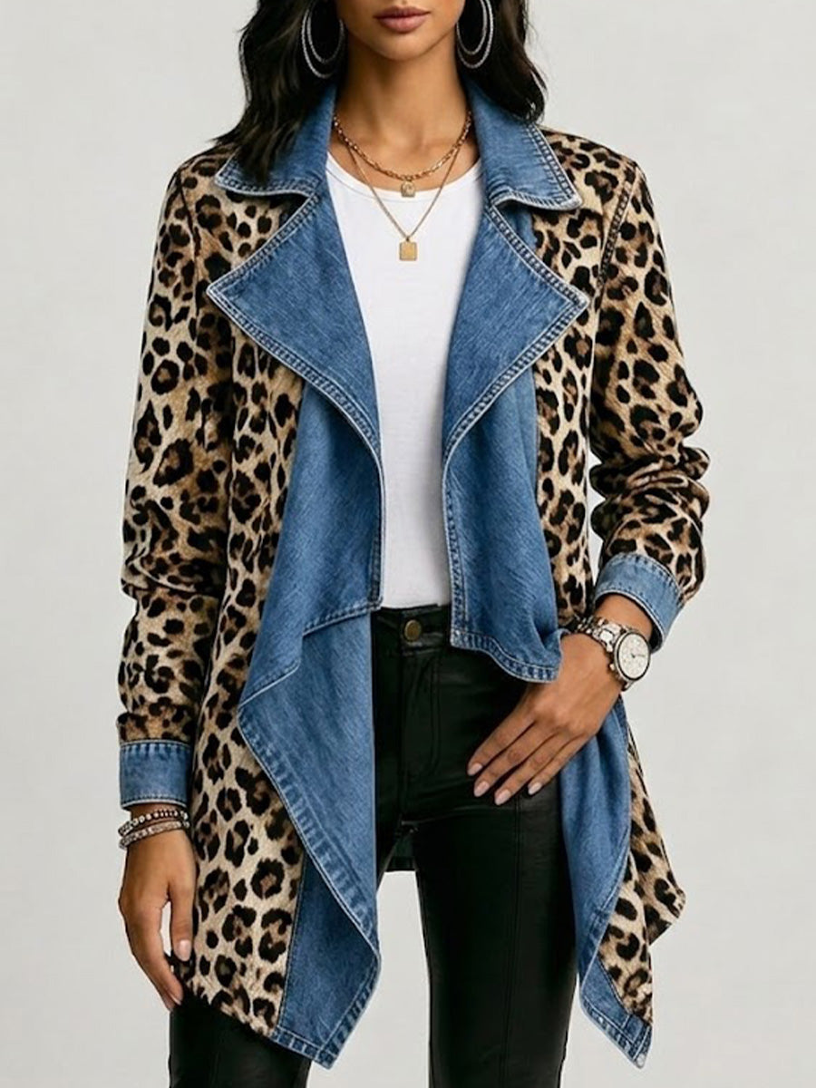 Victoria - Medium length jacket with leopard print and washed denim panels — view 1