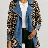 Victoria - Medium length jacket with leopard print and washed denim panels — view 1