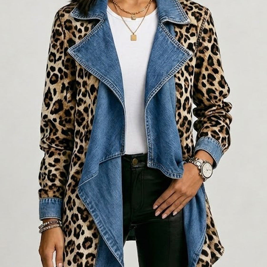 Victoria - Medium length jacket with leopard print and washed denim panels — view 1