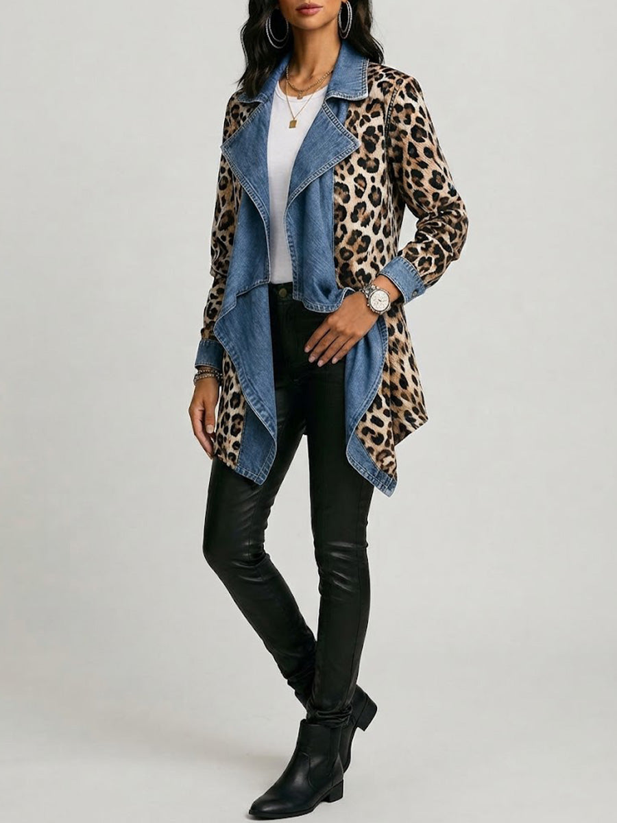Victoria - Medium length jacket with leopard print and washed denim panels — view 2