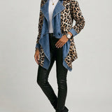 Victoria - Medium length jacket with leopard print and washed denim panels — view 2