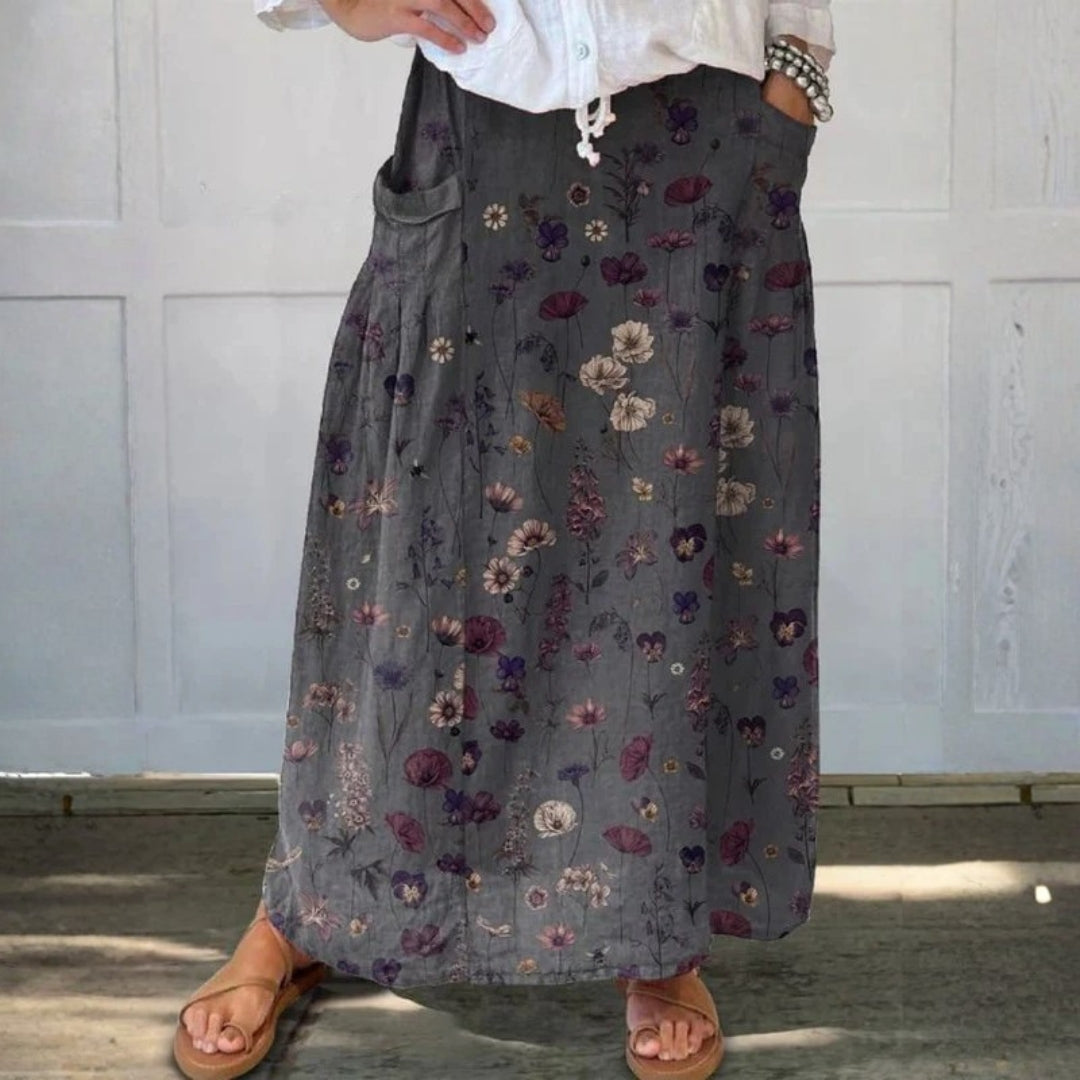 Floral patterned linen skirt with pockets — view 1